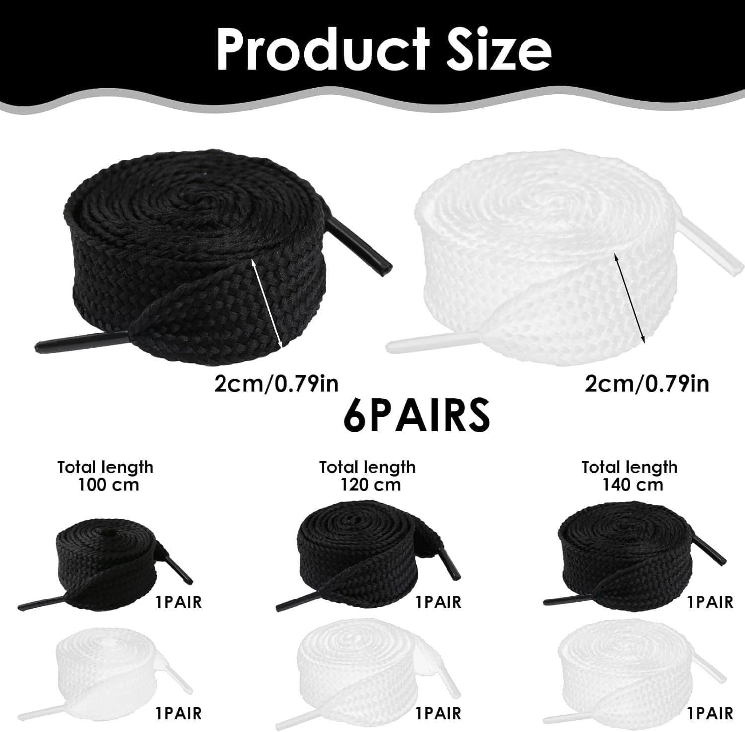 6 Pair Chunky White and Black Fat Laces, 4/5" (20mm) Wide Athletic Thick Flat Solid Color Replacement Shoelaces for Adults Teenages Retro Skate Sneaker Shoes (Black & White, 39"/47"/55")