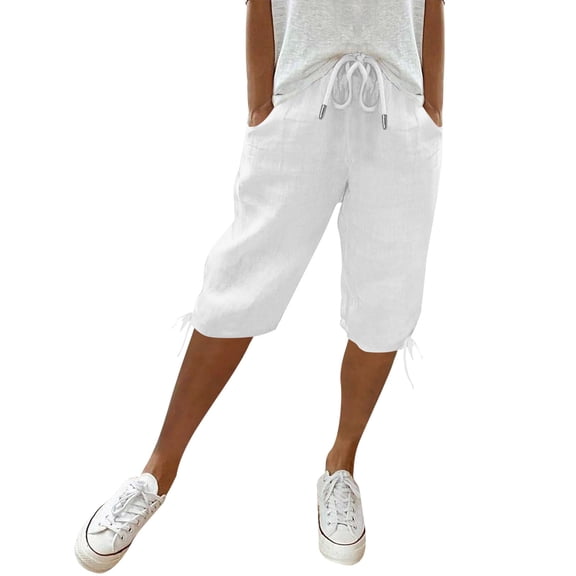 Womens Bermuda Shorts Knee Length Summer Casual Petite Drawstring Elastic Pull On Waist Linen Shorts Pedal Pushers with Pockets White 3XL