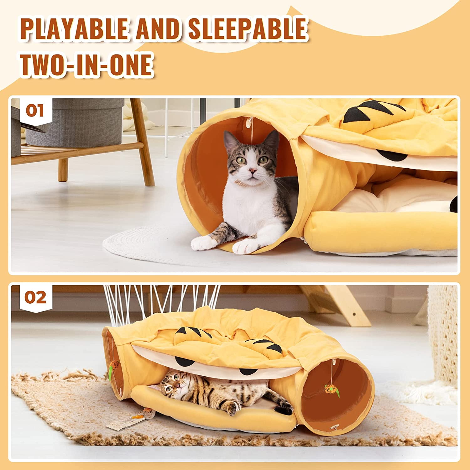 Coziwow Cat Tunnel Tube Collapsible W/ Bed Cat Toy for Small Medium Large Cat, Yellow