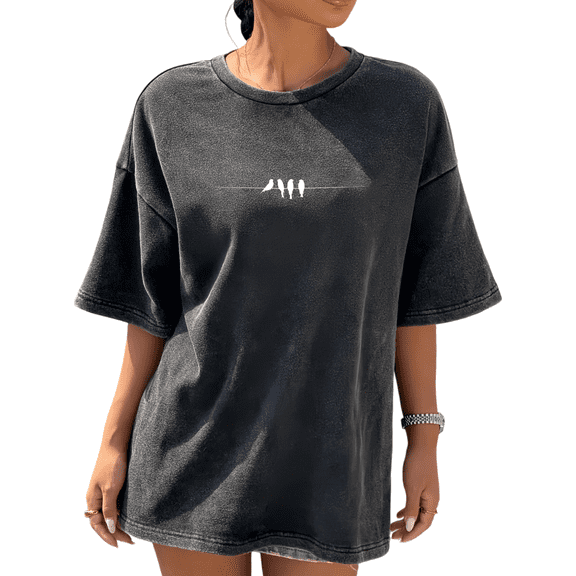 Women's Round Neck Printed Cotton Washed T Shirt Graphic Tees Top Black White Bird Pattern Casual Loose T Shirt Black S-2XL Plus Size