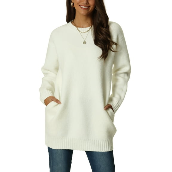 INSPIRE CHIC Women's Round Neck Pullover Long Sleeve Casual Sweater with Pockets S White