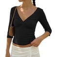 thumbnail image 3 of QASIEATN Womens 3/4 Sleeve Deep V Wrap Neck Ruched Crop Tops Summer Open Back Tshirt Slim Fit Classic Blouse Tee Fall Fashion Outfits, 3 of 9