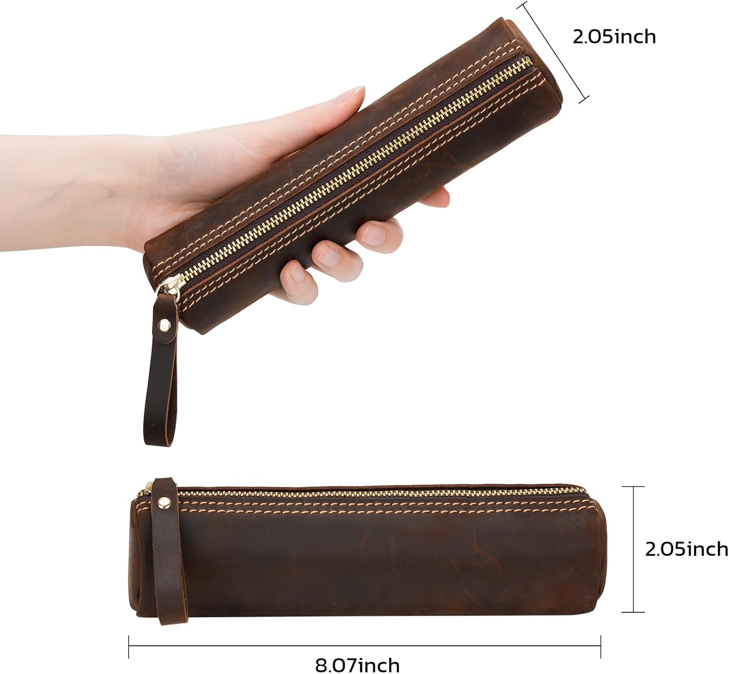 ABPETE Small Pencil Pouch-Genuine Full-Grain Leather Pencil Case for Men- Vintage Leather Pouch for Adults-Stationery Organizer Bag for Work & Travel-Cylinder-Coffee