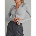 thumbnail image 3 of Diconna Women Crop Ribbed Tops Solid Color Long Sleeve Basic Shirt Casual Button Cardigan for Club Streetwear, 3 of 5
