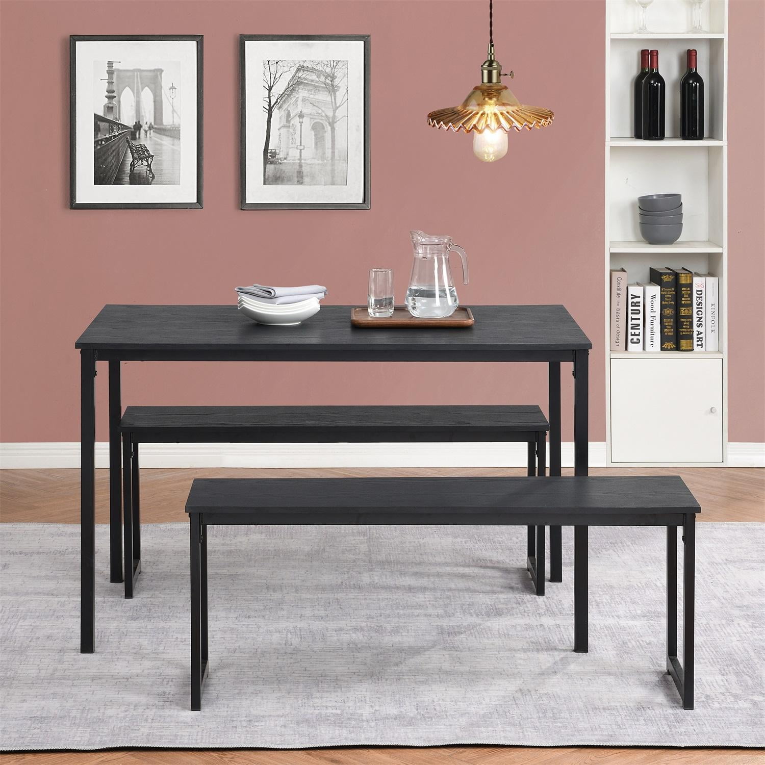 JINS&VICO Dining Table Set, 3Piece Wood Kitchen Table with Two Benches