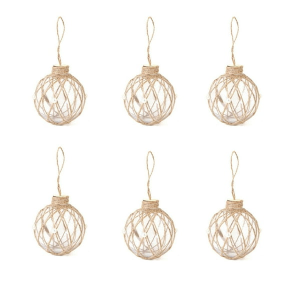 KOYPTL 6pcs Rustic Boho Christmas Ball Ornaments,3.15inch Clear Linen Christmas Tree Ornaments With Strips Decorations Shatterproof Decorative Hanging,Xmas Tree Balls For Wedding Party Decor