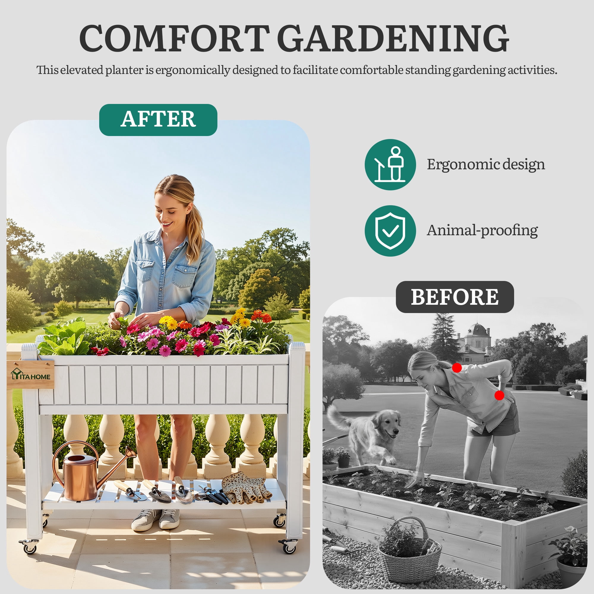 Uforic Mobile Raised Garden Bed 42.5x17.3x35.4 in, Elevated Plastic Planter Box with Drain Plug, Storage Shelf & Wheels, Sliver