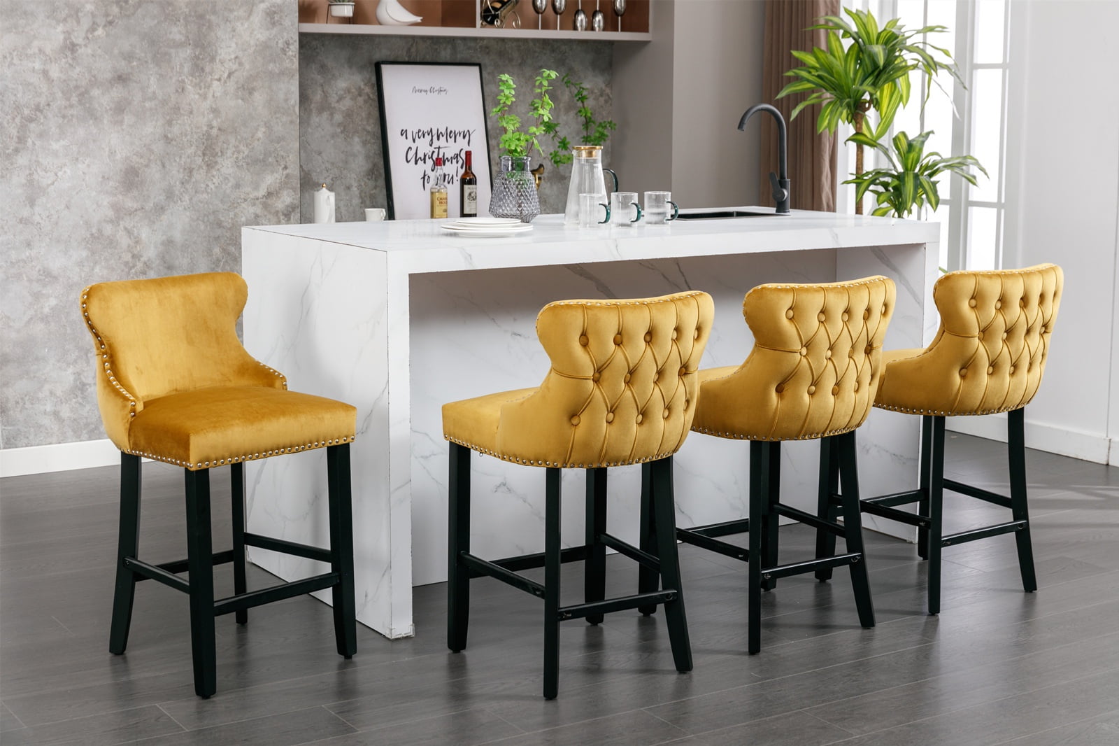 Bar Stool Set of 4, Legahome 26" Counter Height Bar Stools with Back, Velvet Upholstered Bar Stool with Button Tufted & Wooden Legs, Bar Stools Chair for 35-39" Kitchen Island Counter, Gold
