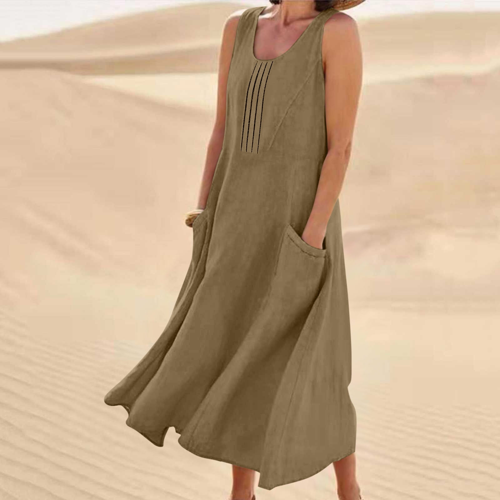 Dreluolixuan Womens Athletic Dress Linen Blend Crew Neck Sleeveless Shirred Tunic Flowy with Pocket Solid Soft Dress Elegant Holiday Loungwear