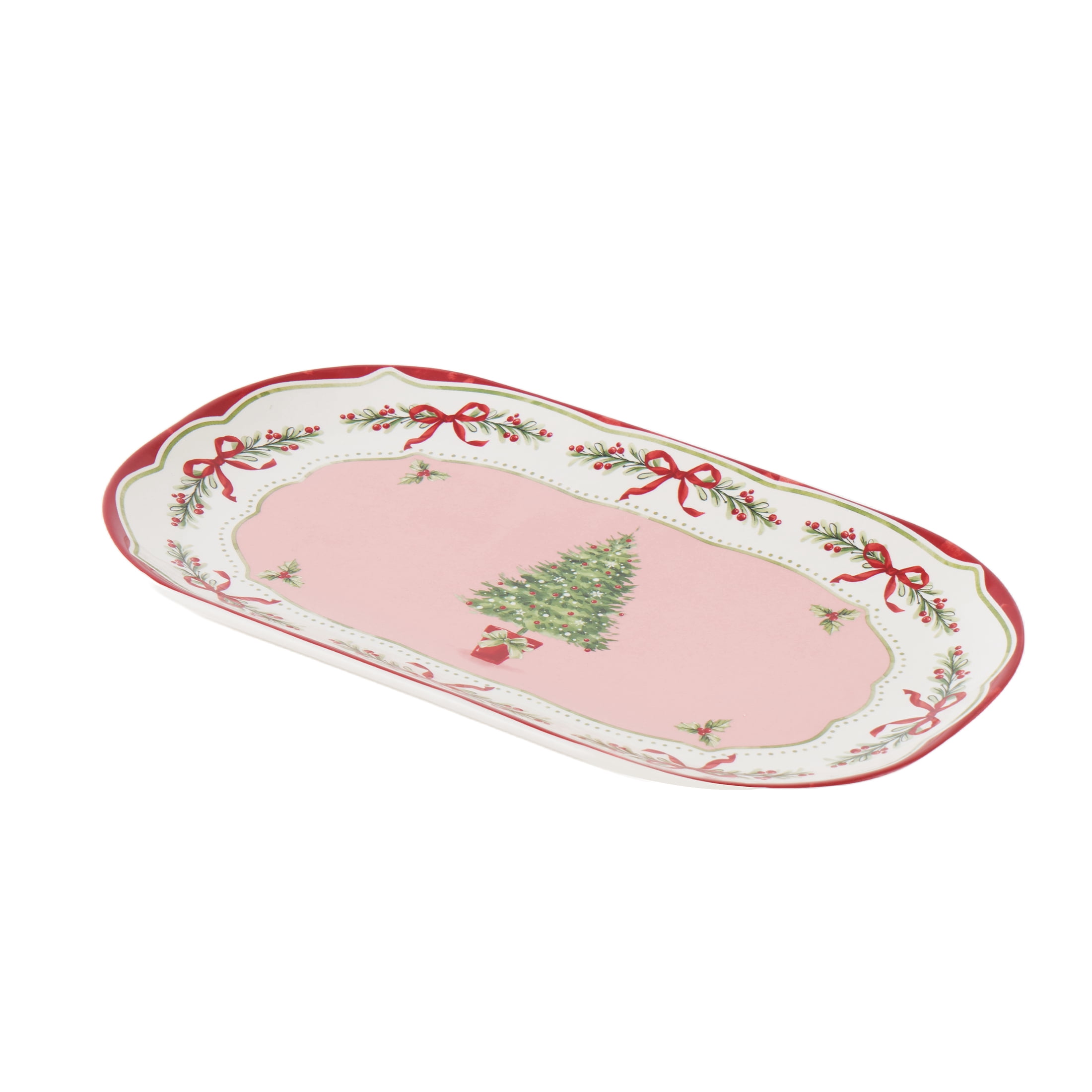 Holiday Time Ceramics Pink/Red Christmas Tree Platter
