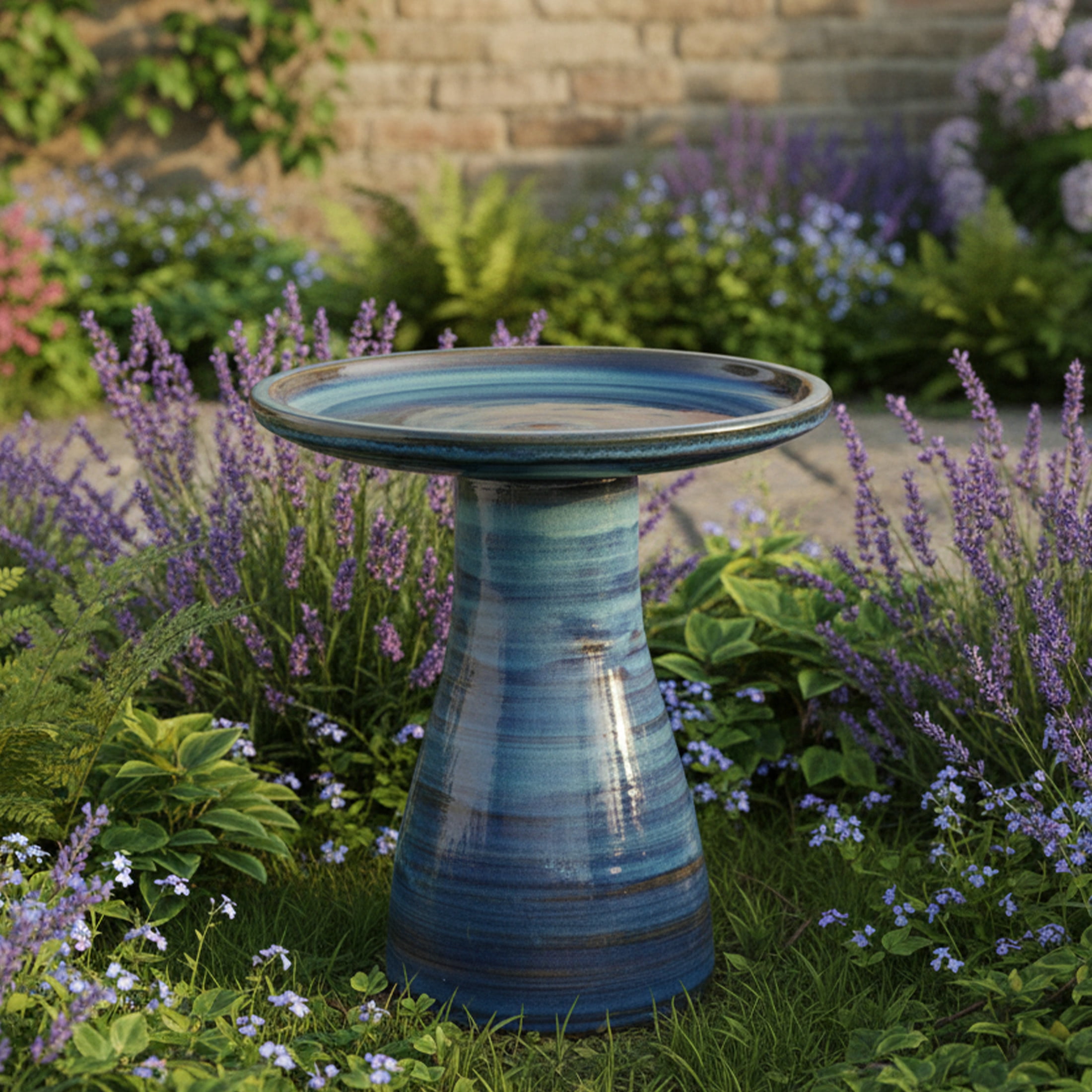 Sunnydaze Freestanding Ceramic Outdoor Bird Bath, Glazed, UV-Resistant Galaxy Blue Finish