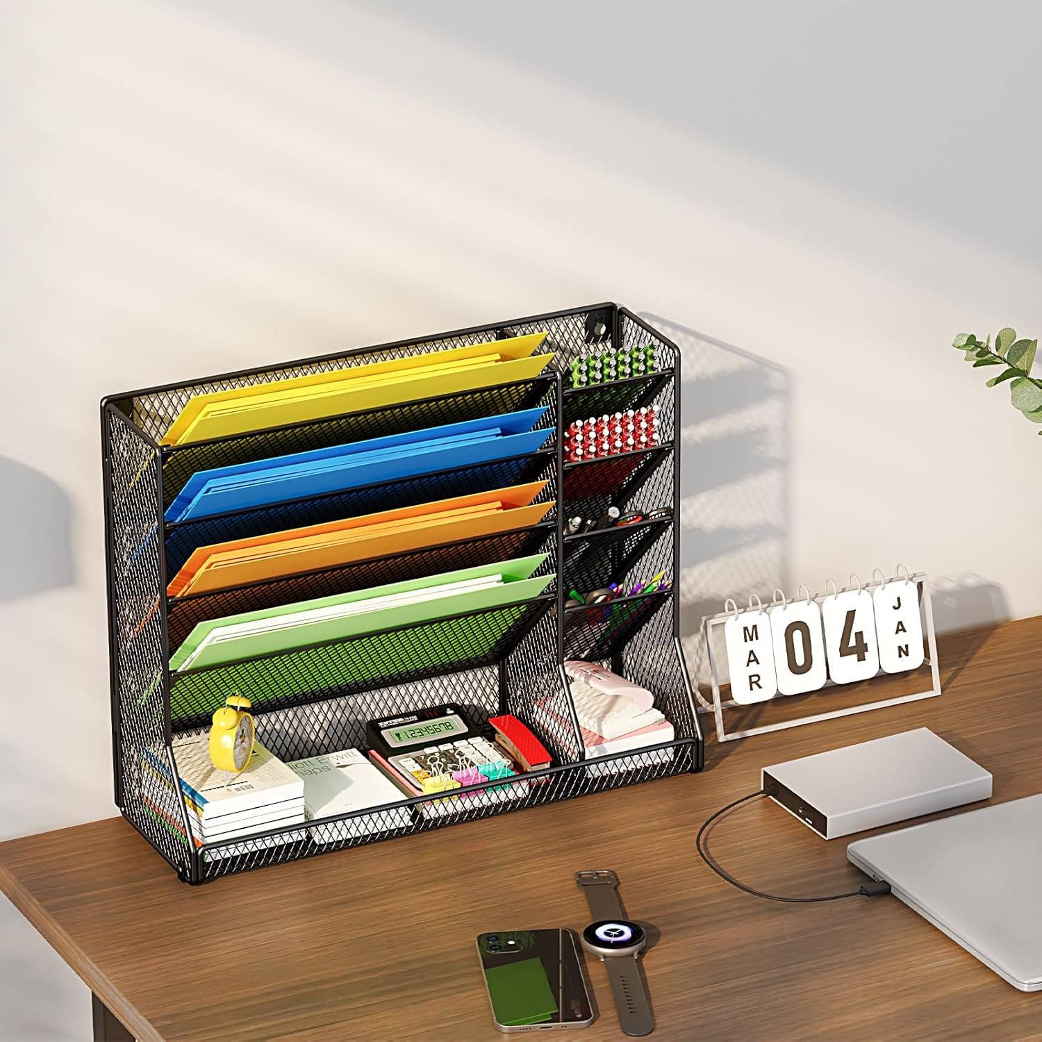 X-COSRACK 4-Tier Wall Mounted File Organizer, Adjustable Metal Mesh Paper Holder with Stable R-Shaped Base, Desktop Hanging Magazine Rack for Home Office & School, Letter Size, Black