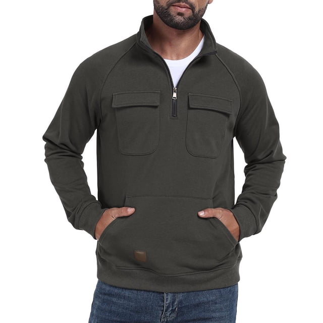 Pullovers for Men Solid Multi Pocket Half Zipper Stand Collar
