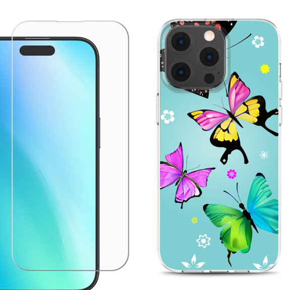 For iPhone 16 Pro Phone Case Cover, Shockproof Case with Tempered Glass Screen Protector, by OneToughShield - Butterfly