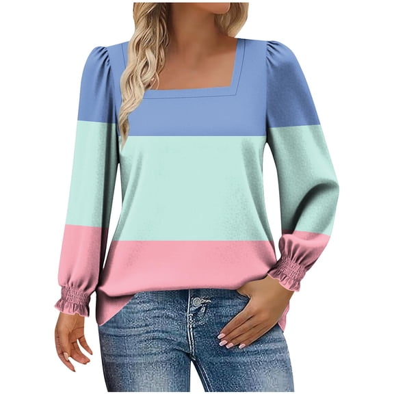 Womens Fall Clothes, Square Neck T-Shirts for Women Fashion Loose Fit Color Patchwork Long Sleeve Shirts Basic Tops