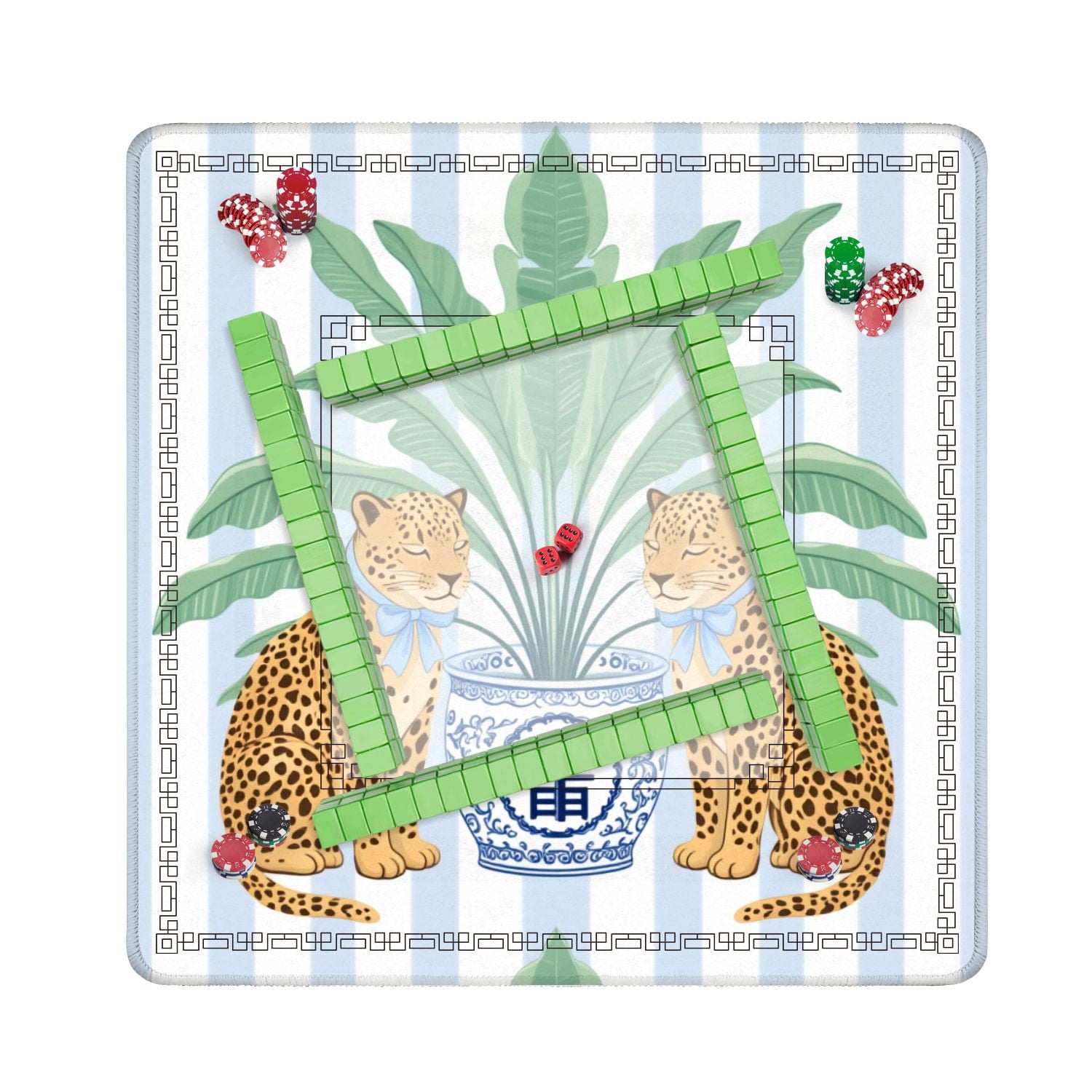 Mahjong Mat 31.5" x 31.5" Two Leopards Blue Bows Potted Plant Striped Non-Slip Noise Reduction American Mahjong Tiles Table Cover for Dominoes Poker Card Board Games Gift