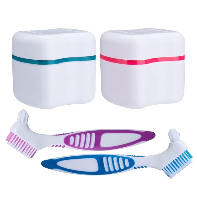 2pack Retainer Cleaner Case - Lightweight Denture Bath Case Container for Dentures to Soak Denture Container with Basket and Brush, Easy to Carry