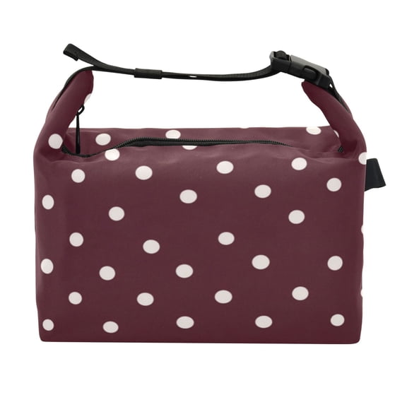 Buckle Handle Insulated Picnic Lunch Bag With Adjustable Strap 7L Capacity White Dots on A Dark Red Background