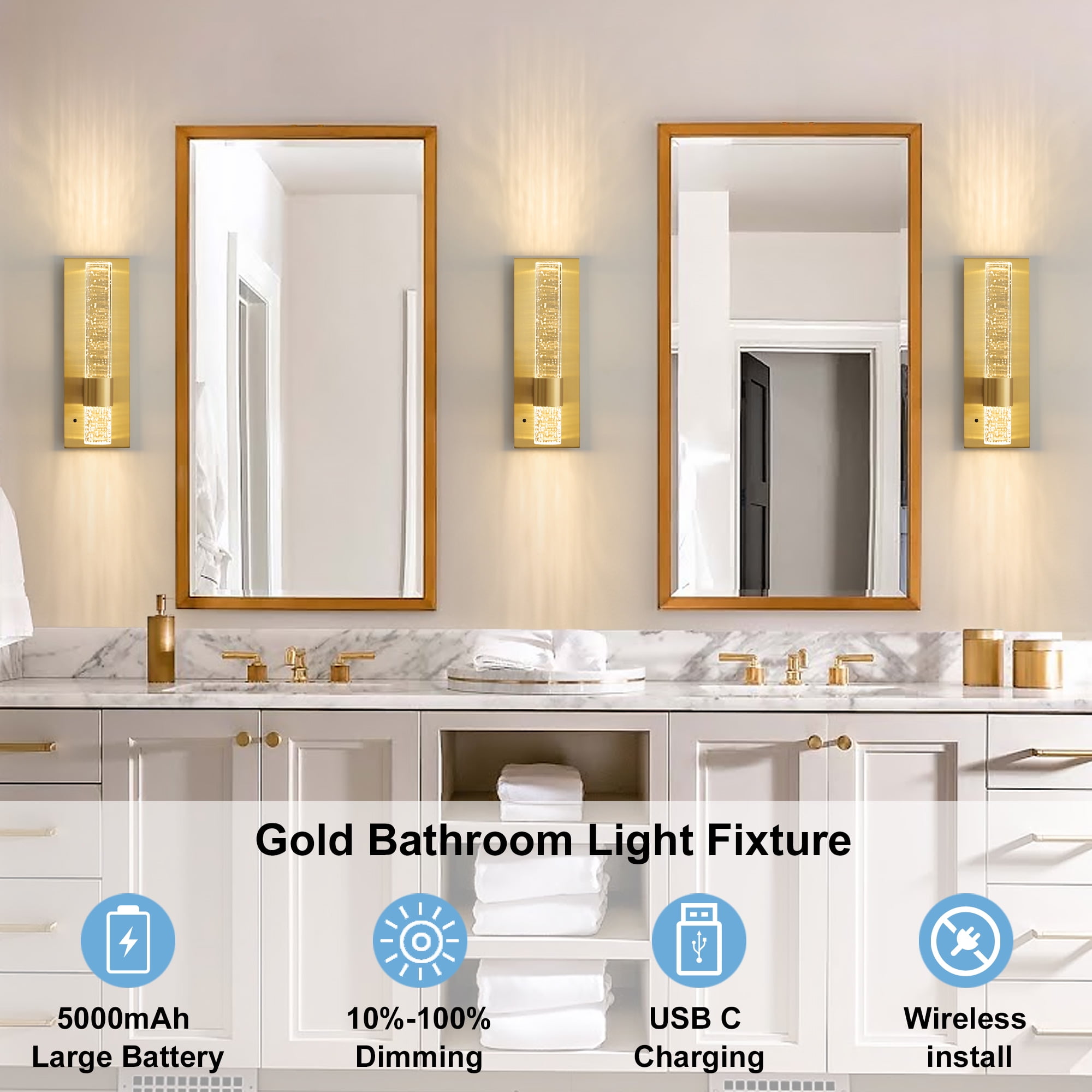 Deyidn 13.7" Wall Sconces Rechargeable Modern LED Wall Lamps Dimmable Battery Operated Wireless Wall Light Fixtures with Acrylic Crystal and Remote Control