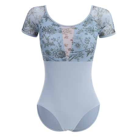 IBTOM CASTLE Women Ballet Dance Leotards Adult Butterfly Flower Print Backless Gymnastics Leotards with Bra Training Practices S Blue Floral