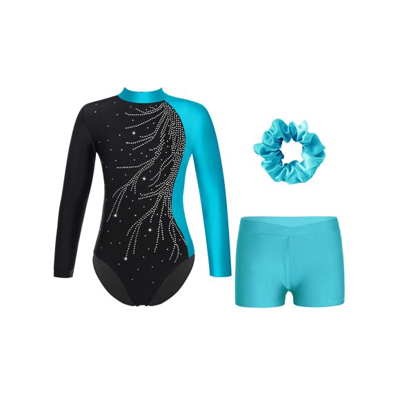 Kaerm Gymnastics Leotards for Girls Long Sleeve Athletic Leotards Sparkle Ballet Dance Unitard with Shorts&Headband Lake Blue 16