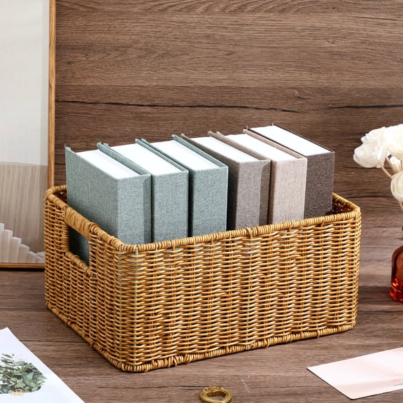 FOMIYES Rustic Khaki Faux Rattan Desktop Basket for Home Storage and Organization, Stylish and