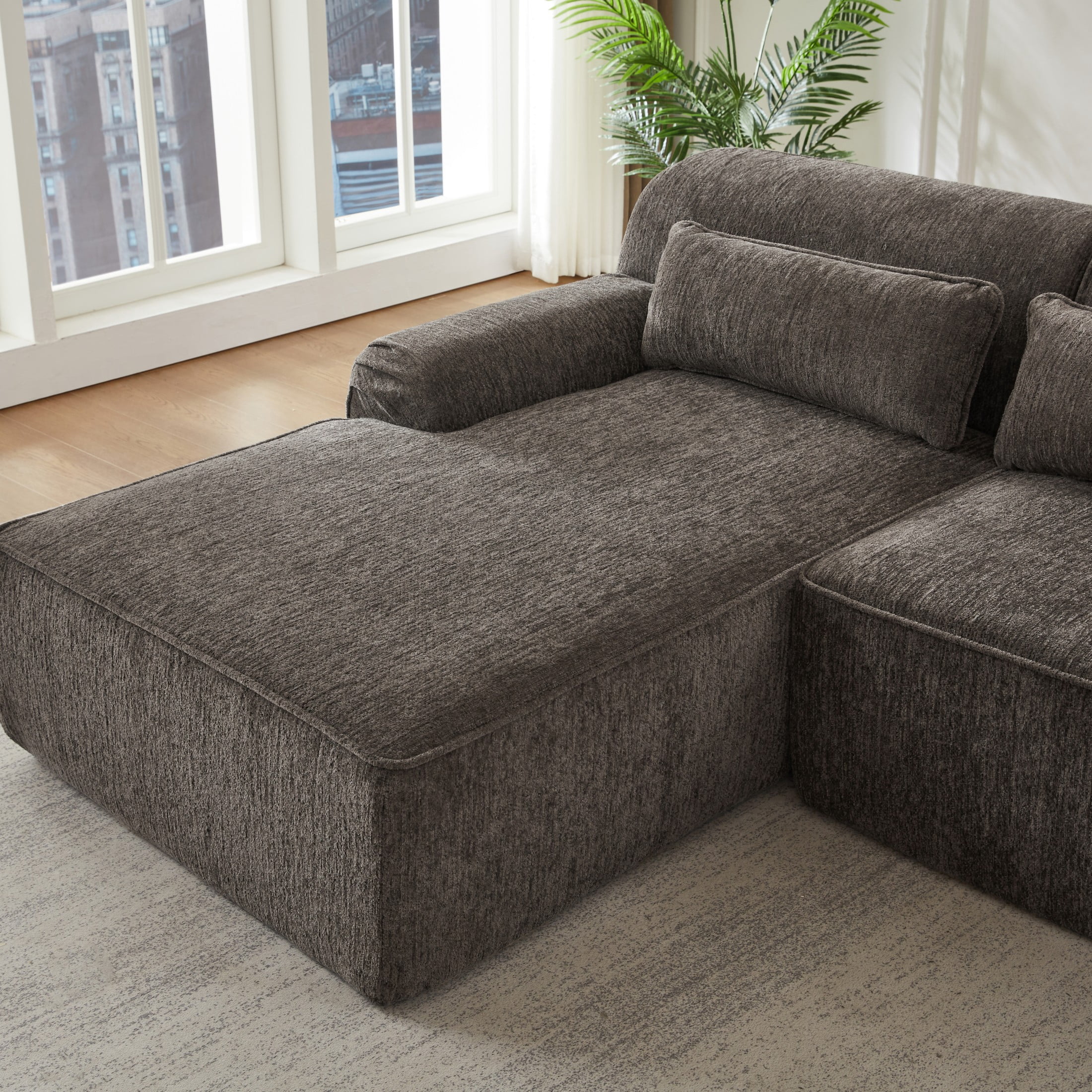Aukfa 2-Piece Modular Chenille Sectional Sofa, 26.5" Deep Seat, No Assembly, Right Chaise, Brown