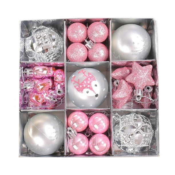 Juego de 35 bolas navideñas decorativas colgantes con lazos para Navidad Plata y rosa