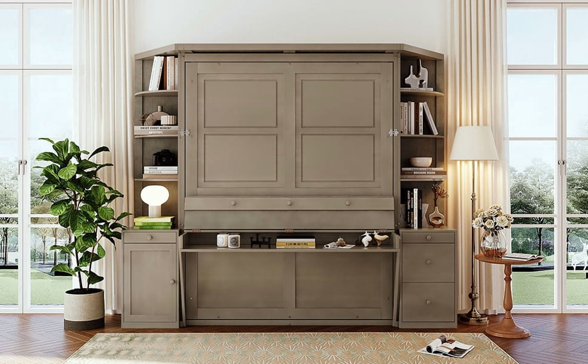 Mintazer Queen Size Murphy Bed with Desk & Side Storage, Modern Folding Cabinet Bed with Workstation & Shelves for Home Office, Gray
