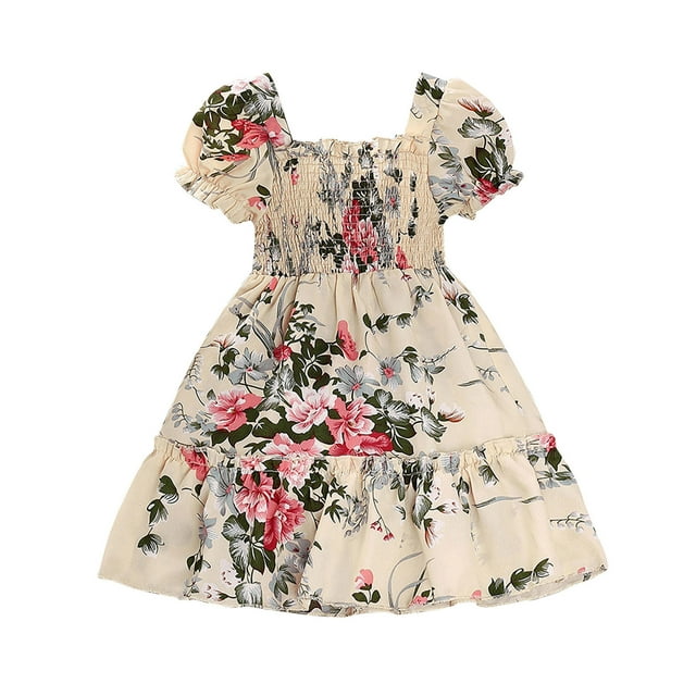 Hpapadks Robe Fille Décontractée Col Rond Manches Courtes Robe d'Été Fluide Imprimée pour Filles Blanc 4-5 Ans