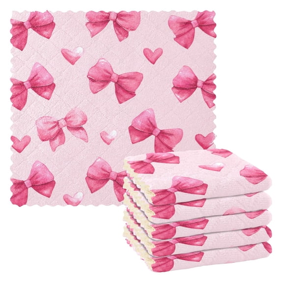 6 Pieces of Kitchen Towels 11x11Inch Kitchen Dish Cloths Kitchen Dish Towels Reuseable Cleaning Cloths Valentine's Day Bow