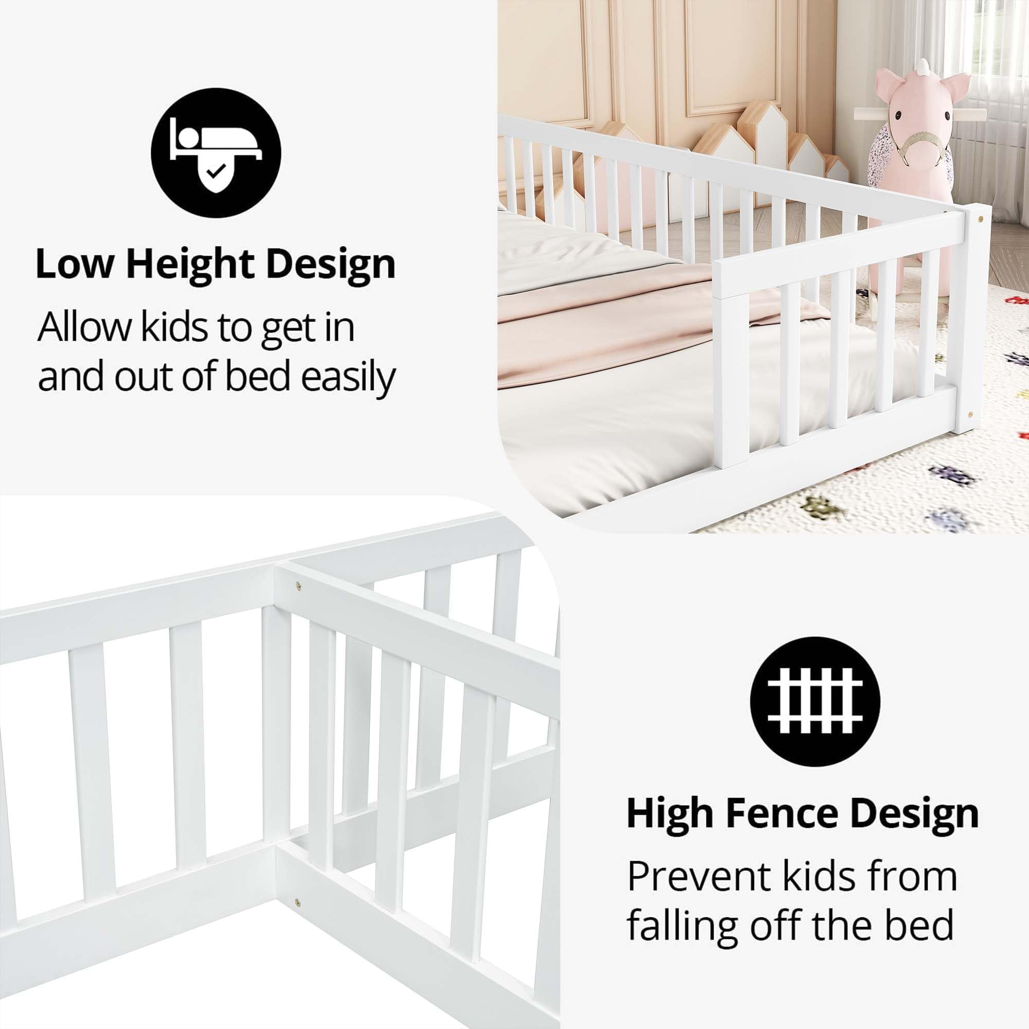 Twin Floor Bed for 2, Montessori Bed Frame with Fence, Wooden Double Floor Bed with Guardrails for Two Boys Girls, Box Spring Needed, White