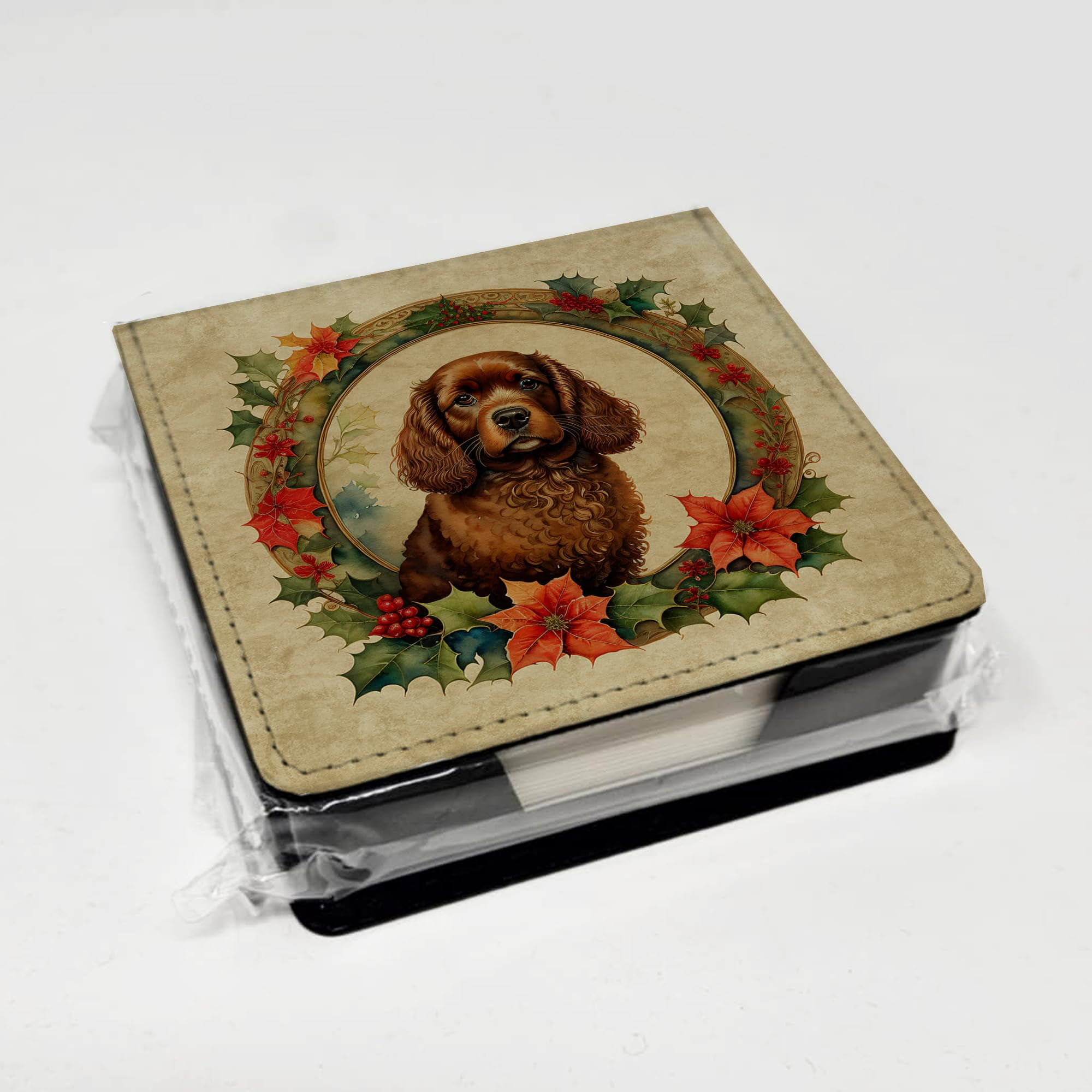 Caroline's Treasures American Water Spaniel Christmas Flowers PU Leather Note Paper Holder with Artist-Designed Cover, Desk Accessory, Office Gift