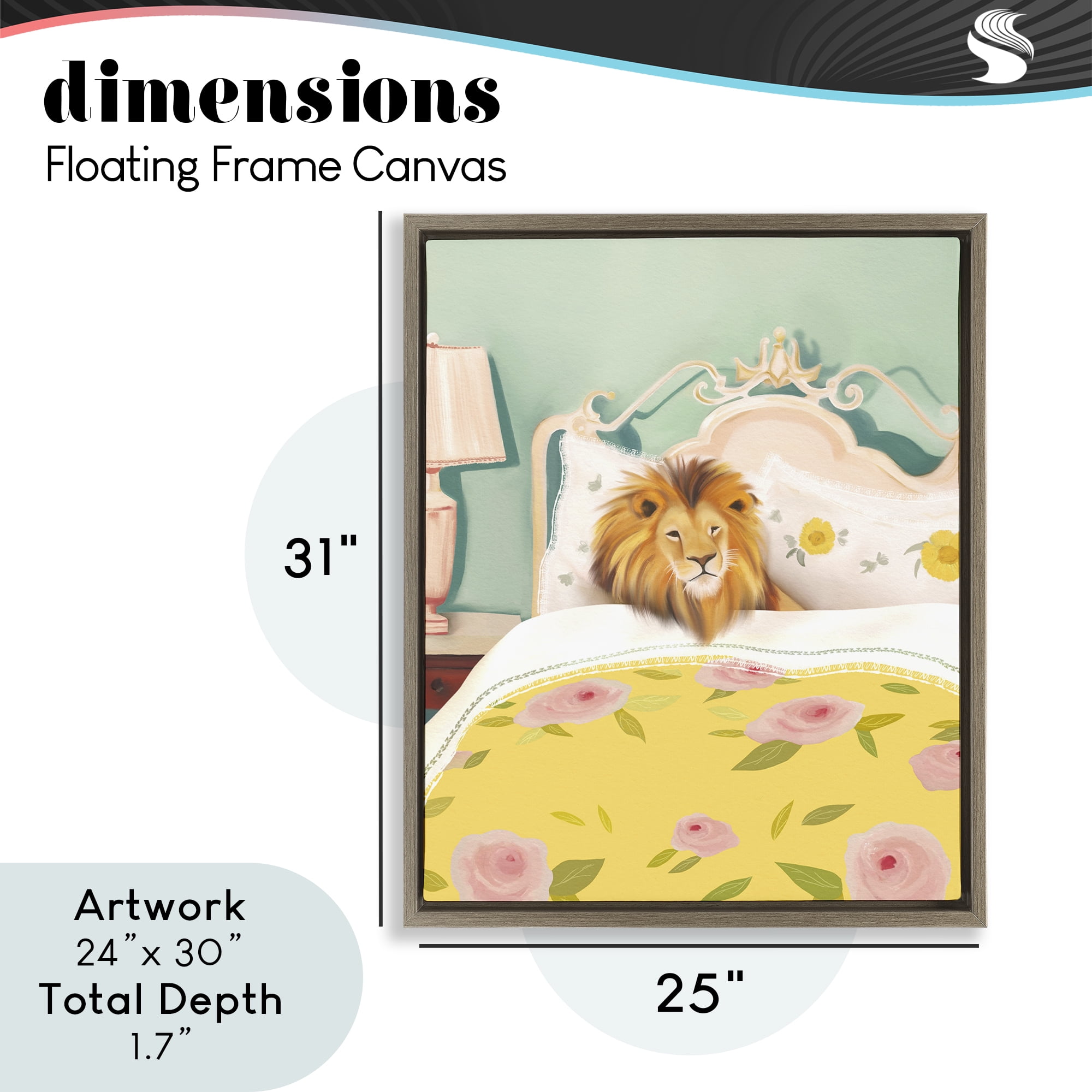 Good Morning Lion in Bed Brown Framed Floater Canvas Wall Art, design by Leah Straatsma