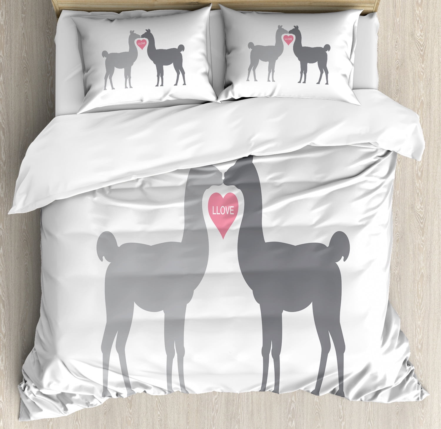 Llama Duvet Cover Set, Two Animals in Love with a Heart Between Them LLove Quote Greyscale