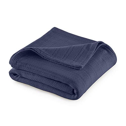 Vellux 1B07224 Cotton 360 GSM Premium Breathable Cozy Lightweight Soft Chevron Weave Herringbone Blanket Machine Washable Bed Sofa All Seasons Layering Blankets, Full Queen, Blue