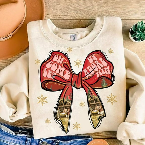 Oh Come Let Us Adore Him Coquette Sweater, Nativity Scene Baby Jesus Christian Christmas Sweatshirt