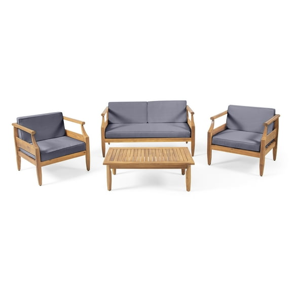 Sloane Outdoor Mid-Century Modern Acacia Wood 4 Seater Chat Set with Cushions, Teak, Dark Gray