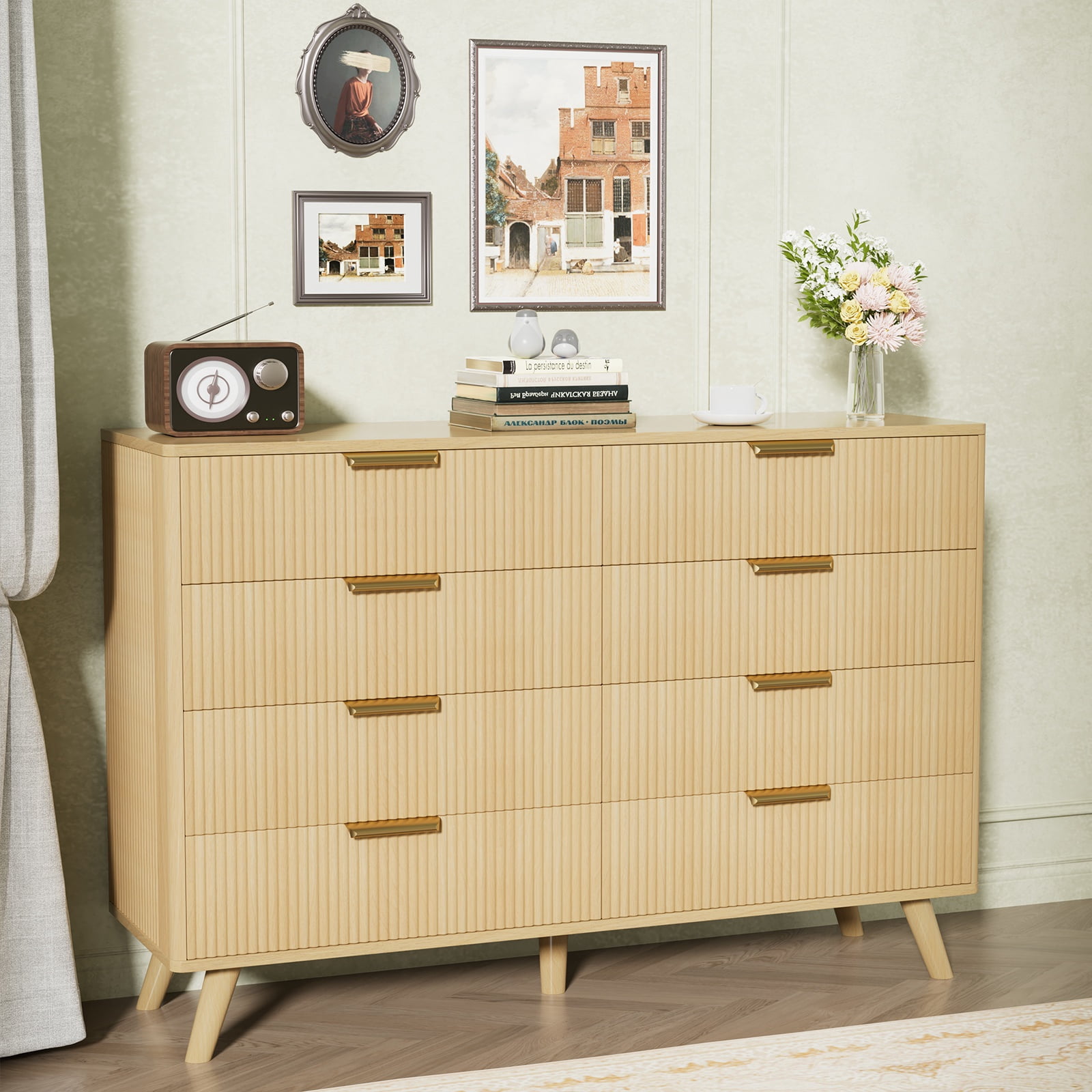 Fluted 8 Drawer Dressers for Bedroom, Wide Wooden Chest of Drawers for Living Room Entryway Hallway, Oak