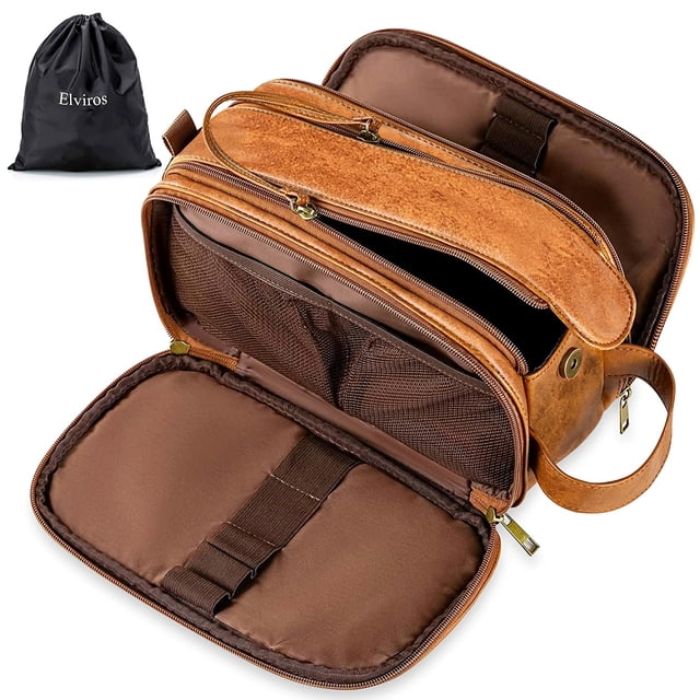 Elviros Neceser para Hombres, Kit Dopp de Afeitar de Viaje Grande Organizador de artículos de tocador de baño Resistente al Agua Bolsas de cosméticos de Cuero PU