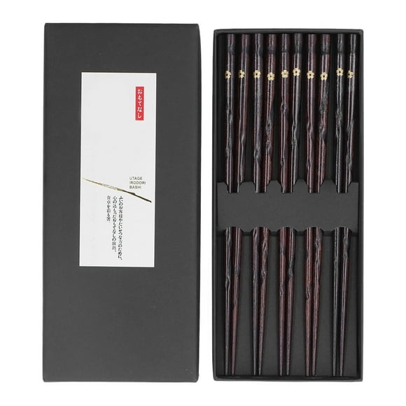 5 Pair Japanese Style Wooden Chopsticks Golden Printed Flowers Reusable Traditional Stylish Gift for Family Friends