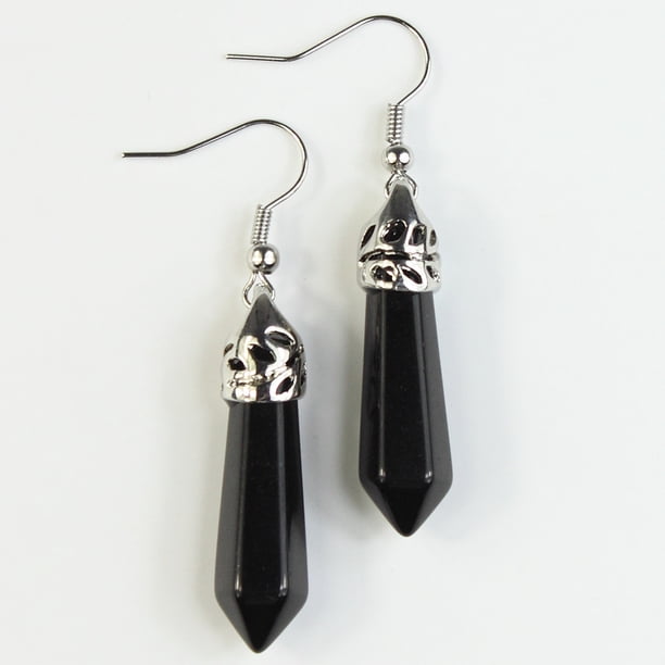 Nvzi Pendientes y aretes para hombre, pendientes de acero inoxidable con colgante hexagonal de una sola punta de cristal de piedra natural (negro)