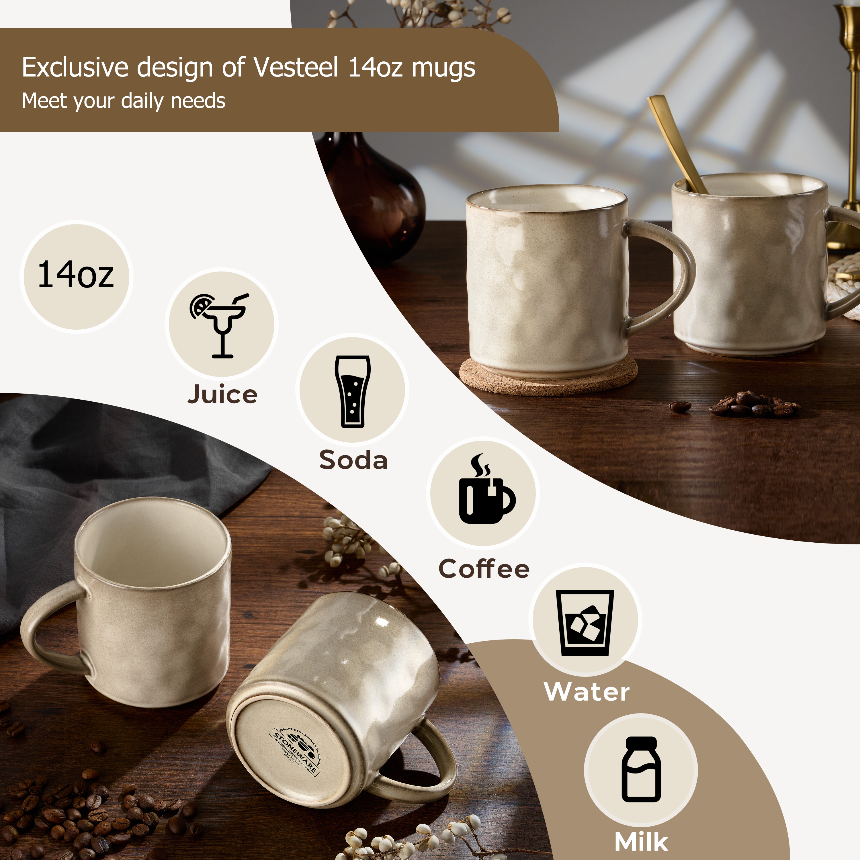 Vesteel Ceramic Coffee Mug Set of 4, Khaki photo 5