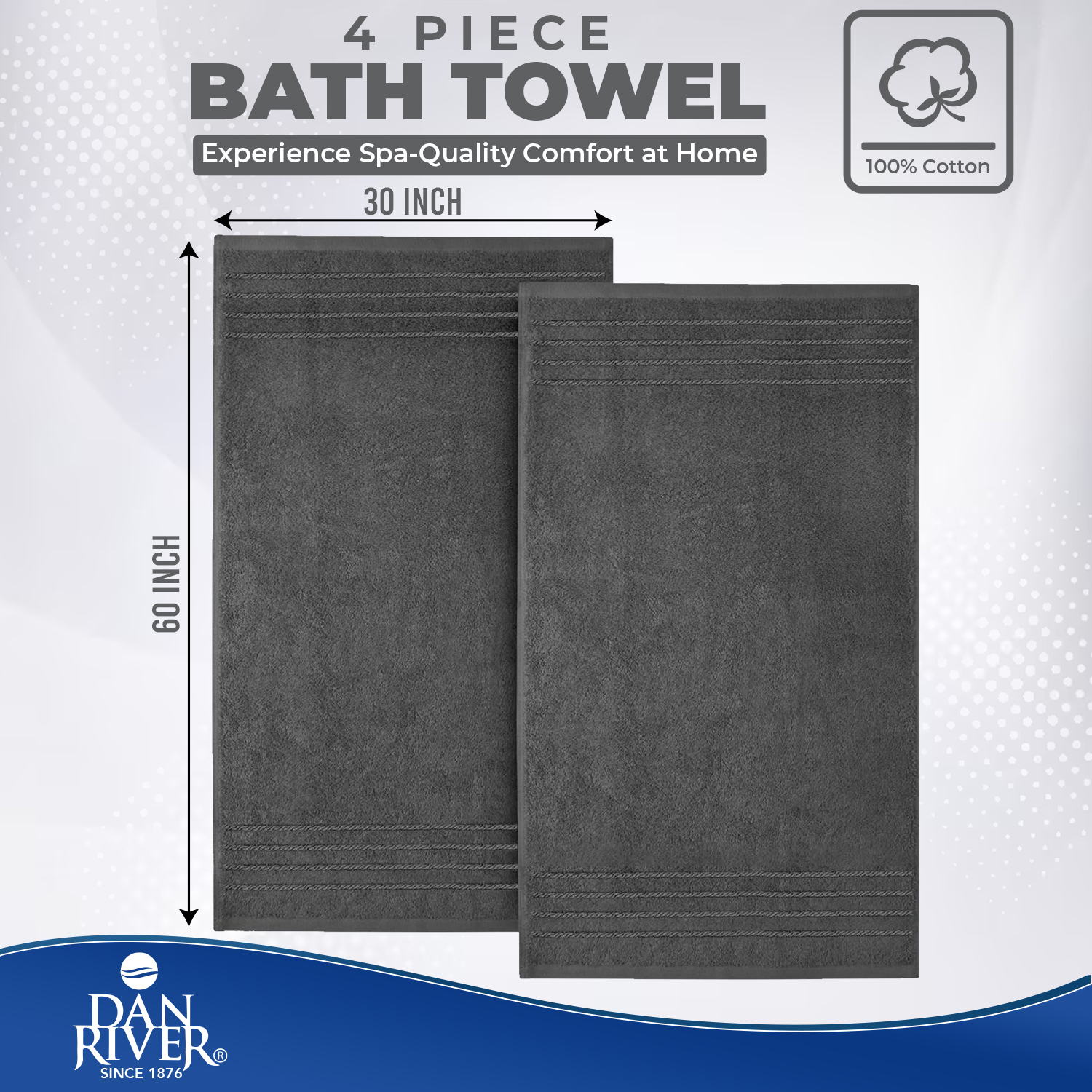 Dan River Bath Towel 30x60 pack of 4 Ultra Soft Quick Drying Large Cotton Towel - Gray