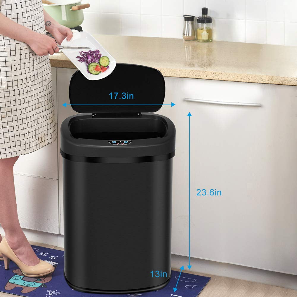 Dkelincs 13 Gallon Touch-Free Automatic Trash Can Stainless Steel Kitchen Garbage Can Waste Bin with Lid, Black