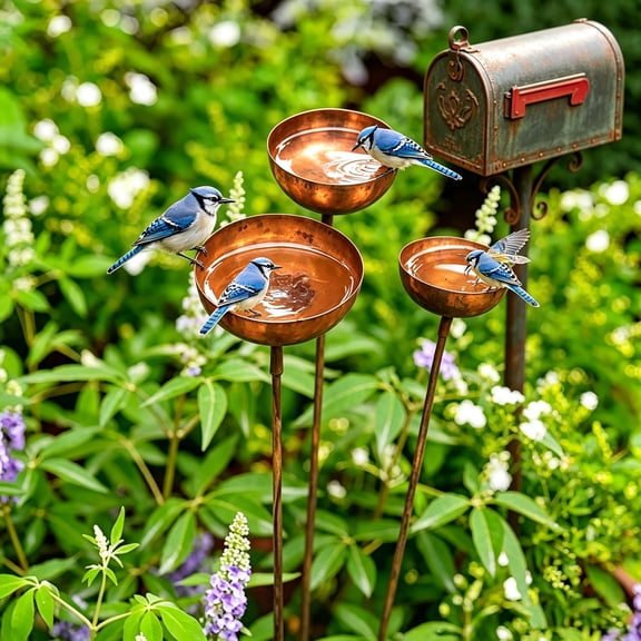 3 Pack Copper Garden Stake Bird Bath Bowl Set, Rustic Metal Hummingbird Water Feeder Stakes, Decorative Vintage Birdbath For Outdoor Patio Lawn Yard Ornament