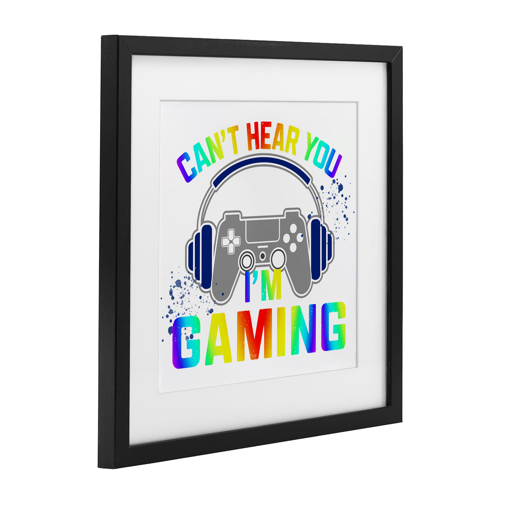 Rainbow Can't Hear You Gaming Black Framed Print Under Glass, design by Kim Allen
