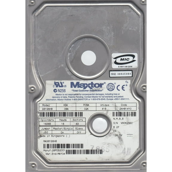 98196H8, Code ZAH814Y0, NMBB, Maxtor 80GB IDE 3.5 Hard Drive