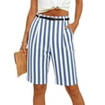 thumbnail image 5 of ClodeEU Women's Striped Linen Blend Bermuda Shorts,High Waist Knee Length Shorts with Pockets Light Blue,Women's Plus XXL, 5 of 7