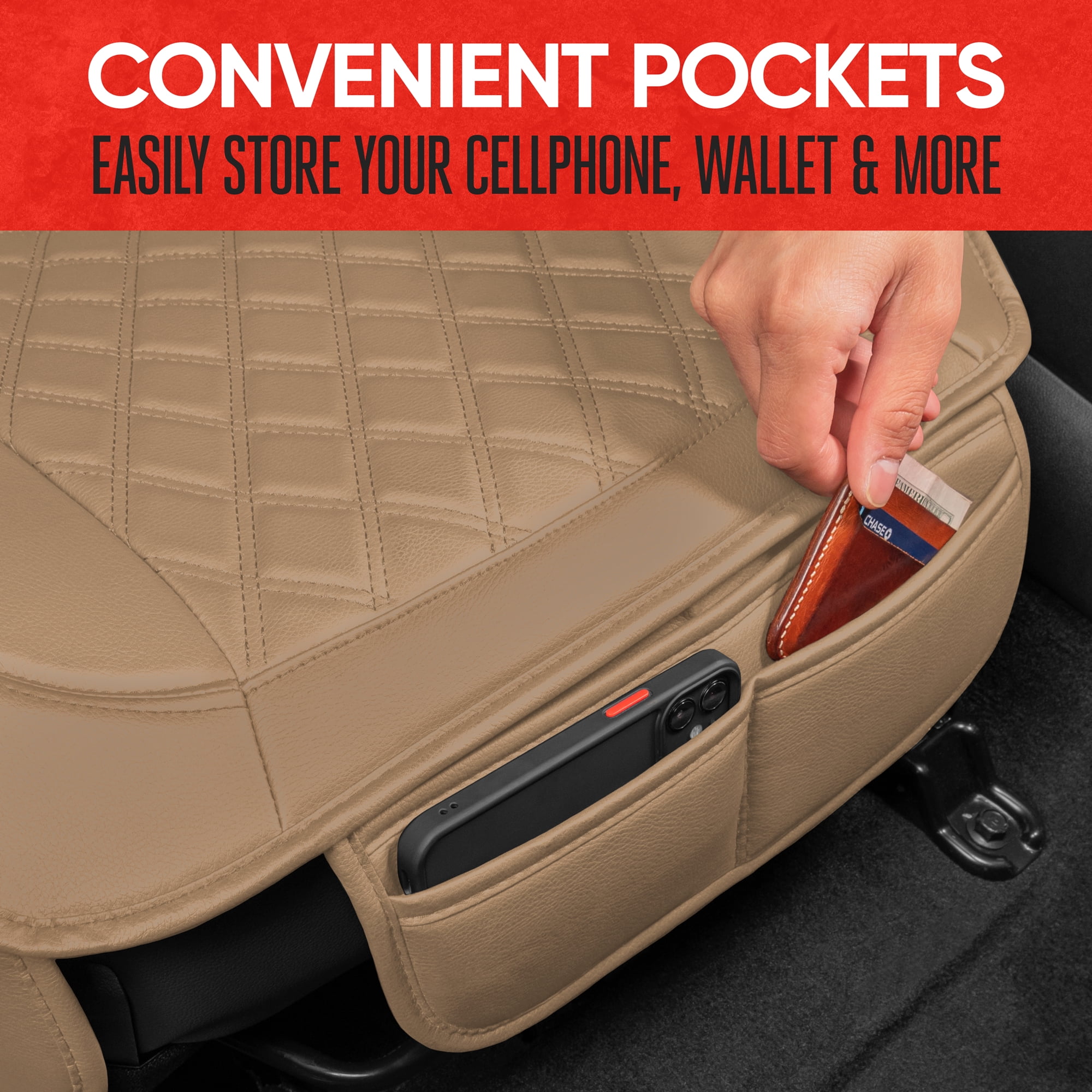 Motor Trend Car Seat Cushion Diamond Stitched Faux Leather Seat Cushion for Cars Trucks SUV, Beige Padded Car Seat Cover with Storage Pockets, Premium Automotive Seat Cover for Front Seat